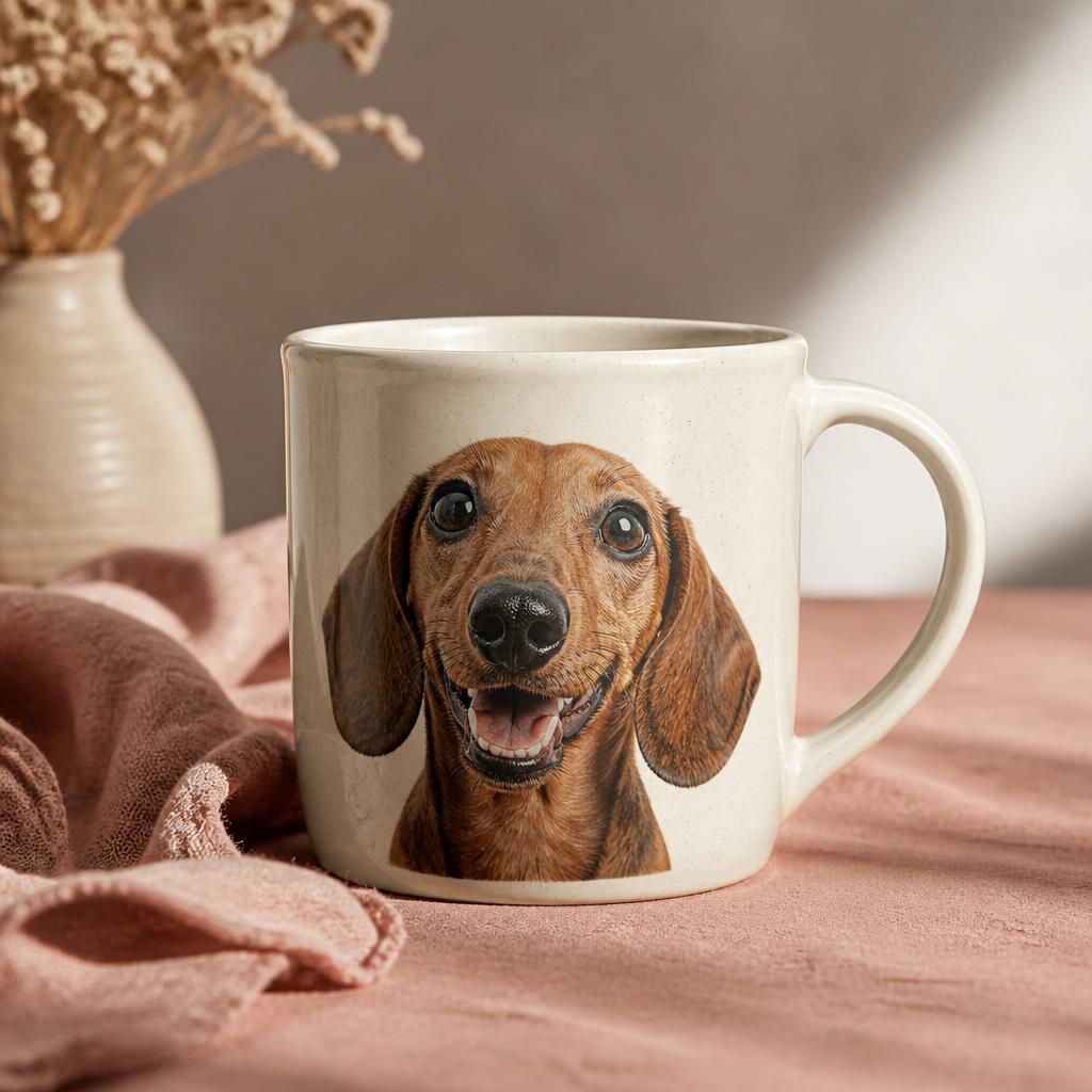 Custom pet photo mug example with a dog portrait